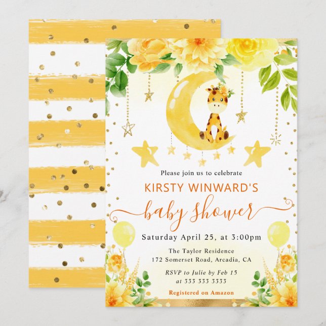 Vattenfärgsfärgad Blommigt Giraffe Baby Shower Inbjudningar (Fram/baksida)