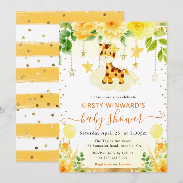 Vattenfärgsfärgad Blommigt Giraffe Baby Shower Inbjudningar (Fram/baksida)