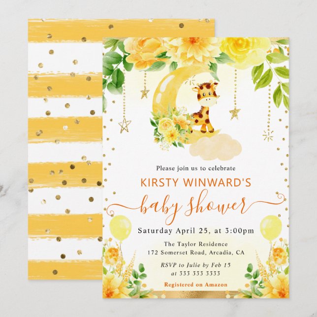 Vattenfärgsfärgad Blommigt Giraffe Baby Shower Inbjudningar (Fram/baksida)
