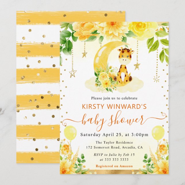 Vattenfärgsfärgad Blommigt Giraffe Baby Shower Inbjudningar (Fram/baksida)