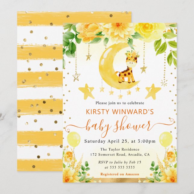 Vattenfärgsfärgad Blommigt Giraffe Baby Shower Inbjudningar (Fram/baksida)