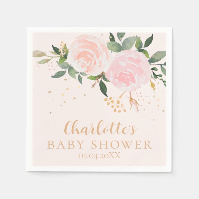 Vattenfärgsfärgad Blommigt Rosa Guld Baby Shower N Pappersservett (Framsidan)