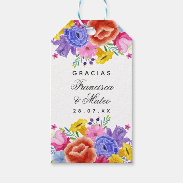 Vattenfärgsfärgad Blommigt spanska Fiesta Bröllop  Presentetikett (Framsidan)
