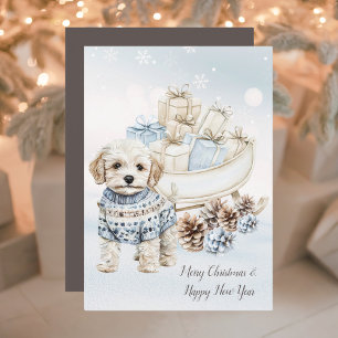 Vattenfärgsfärgad cute och Mysigt lilla vit Hund L Julkort