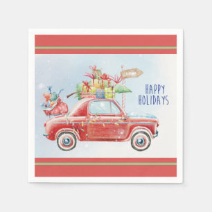 Vattenfärgsfärgad Glad helg Lit Red Car Jul Pappersservett