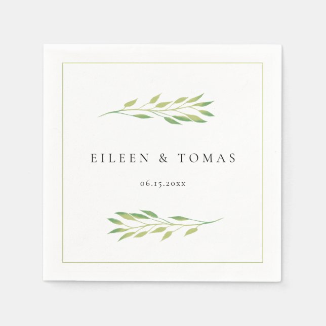 Vattenfärgsfärgad grönt löv bröllop papper napkin pappersservett (Framsidan)