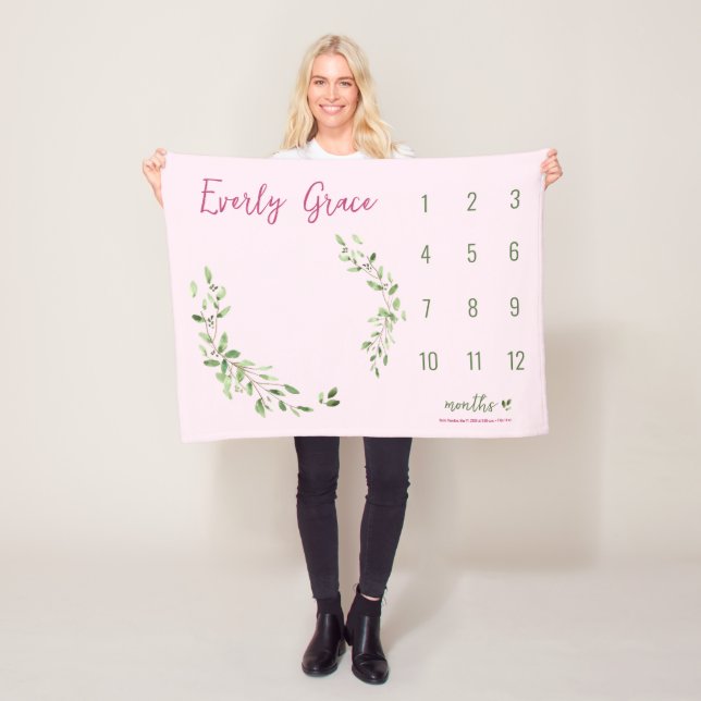 Vattenfärgsfärgad Grönt Löv Rosa Flicka milstolpe Fleecefilt (På plats)