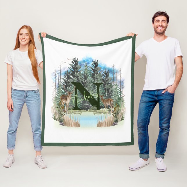 Vattenfärgsfärgad Hjort Personlig Monogram Brev N Fleecefilt (På plats)