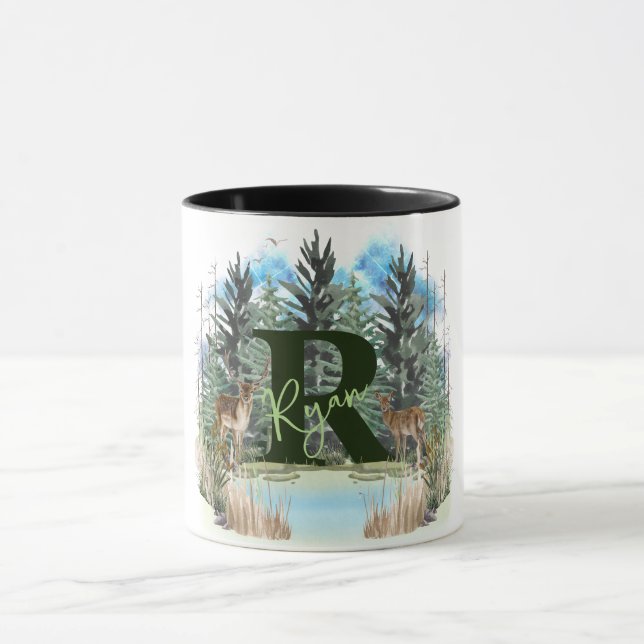 Vattenfärgsfärgad Hjort Personlig Monogram Brev R Mugg (Center)