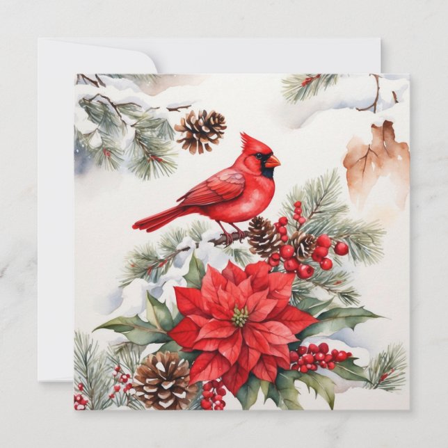Vattenfärgsfärgad Jul Röd kardinal, Poinsettia Julkort (Framsida)