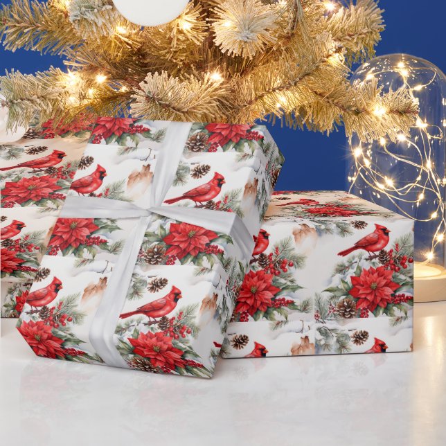 Vattenfärgsfärgad Jul Röd kardinal, Poinsettia Presentpapper (Helgdagar)