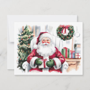 Vattenfärgsfärgad Jultomten med gåvor, julgran Julkort