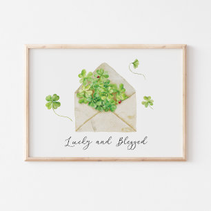 Vattenfärgsfärgad Klöver Lucky och Blad Poster