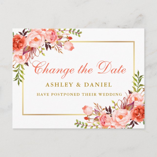 Vattenfärgsfärgad koral Blommigt Guld Ändra datum Vykort (Framsida)