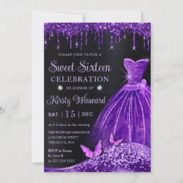Vattenfärgsfärgad Lila Glitter Dress Sweet sixteen Inbjudningar
