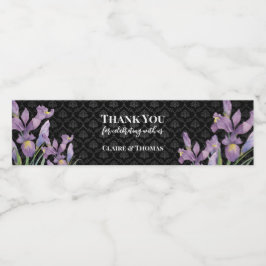 Vattenfärgsfärgad Lila Iris Black Damask Vattenflaskor Etikett