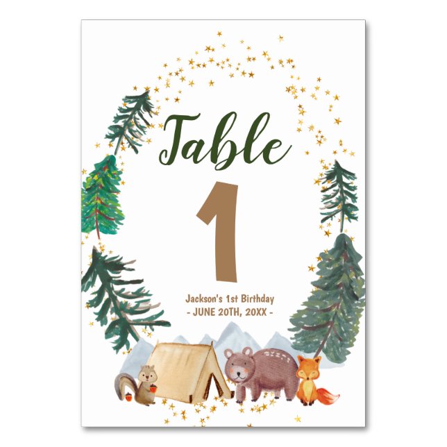 Vattenfärgsfärgad Lycklig Camper 1:a födelsedag Bo Bordsnummer (Framsidan)