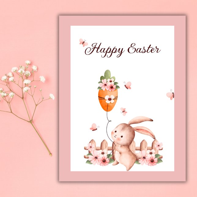 Vattenfärgsfärgad Påskhare Carrot Balloon Butterfl Vykort (Watercolor Easter Bunny Carrot Balloon Butterfly Postcard)