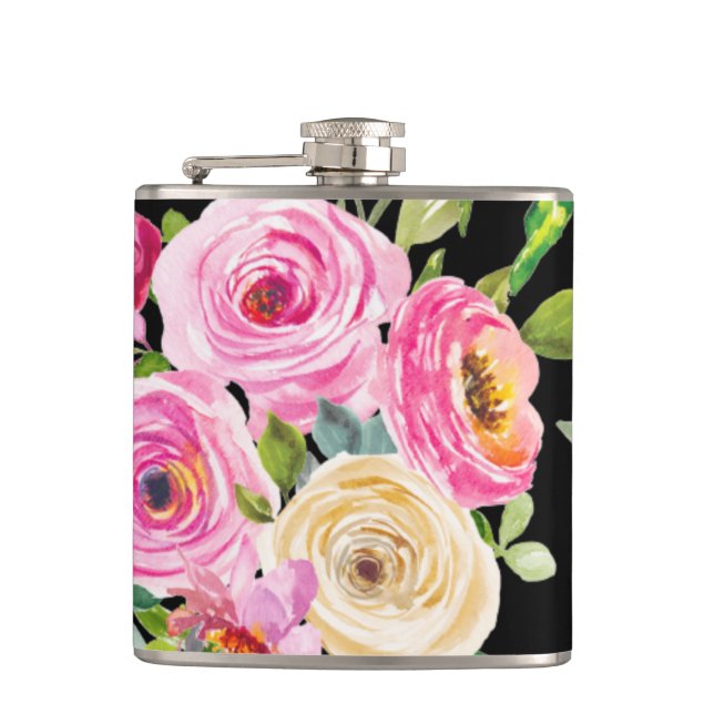 Vattenfärgsfärgad Ro i Rosa och Cream på svart Fickplunta (Framsidan)