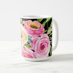 Vattenfärgsfärgad Ro i Rosa och Cream på svart Kaffemugg