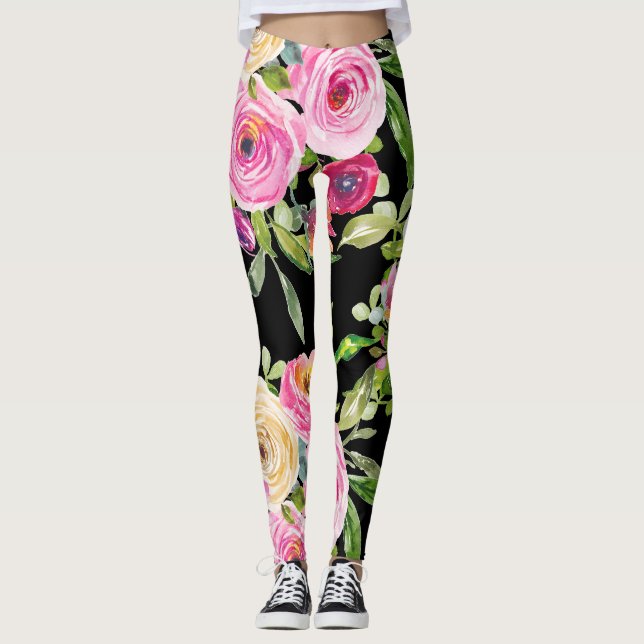 Vattenfärgsfärgad Ro i Rosa och Cream på svart Leggings (Framsida)