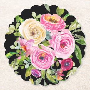 Vattenfärgsfärgad Ro i Rosa och Cream på svart Underlägg Papper