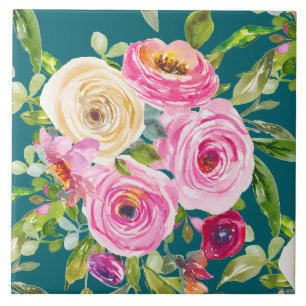 Vattenfärgsfärgad Ro i Rosa och Röd på Teal Kakelplatta