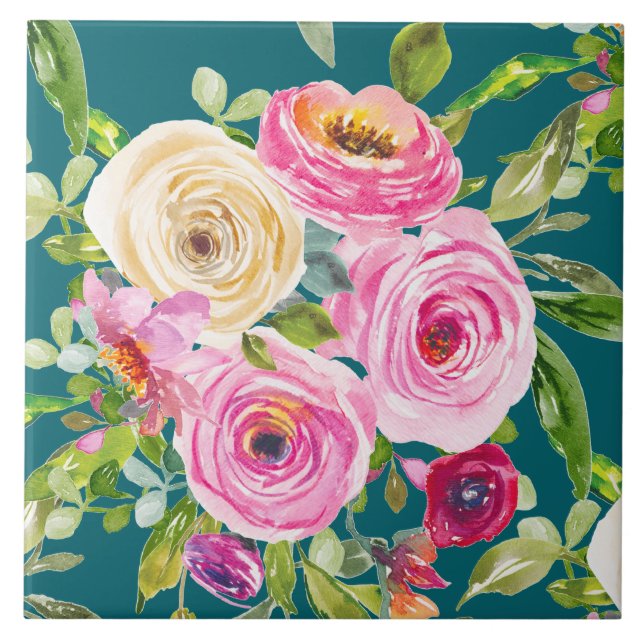 Vattenfärgsfärgad Ro i Rosa och Röd på Teal Kakelplatta (Framsidan)
