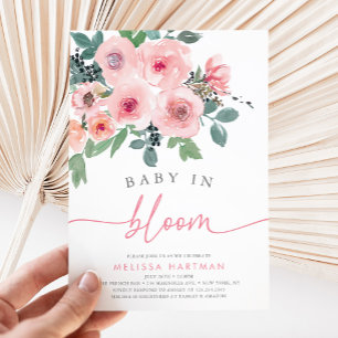 Vattenfärgsfärgad Rosa Baby i Blom Girl Shower Inbjudningar