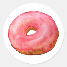 Vattenfärgsfärgad Rosa Donut Sticker Food Illustra Runt Klistermärke