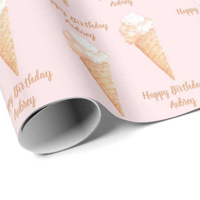 Vattenfärgsfärgad Rosa Ice Cream Personlig Födelse Presentpapper (Rullad Hörn)