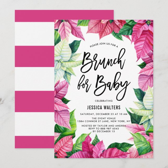 Vattenfärgsfärgad Rosa Poinsettias Baby Shower Bru Inbjudningar (Fram/baksida)