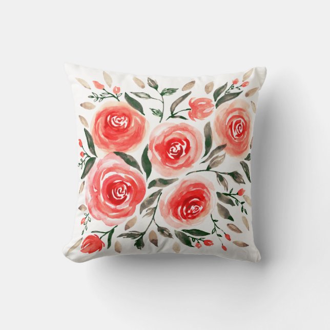 Vattenfärgsfärgad Rosa Red Blommigt Ro Mönster Kudde (Framsida)