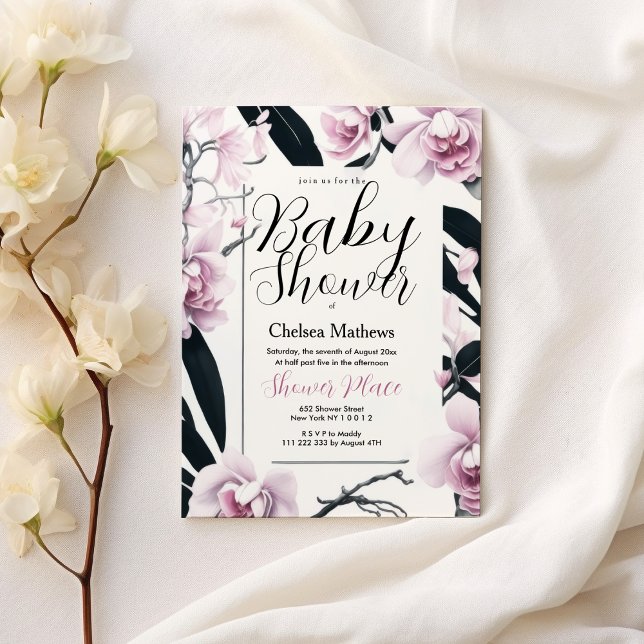 Vattenfärgsfärgad rosa svart färglös blomma Babykl Inbjudningar (Watercolor pink black orchid flower Baby Shower)