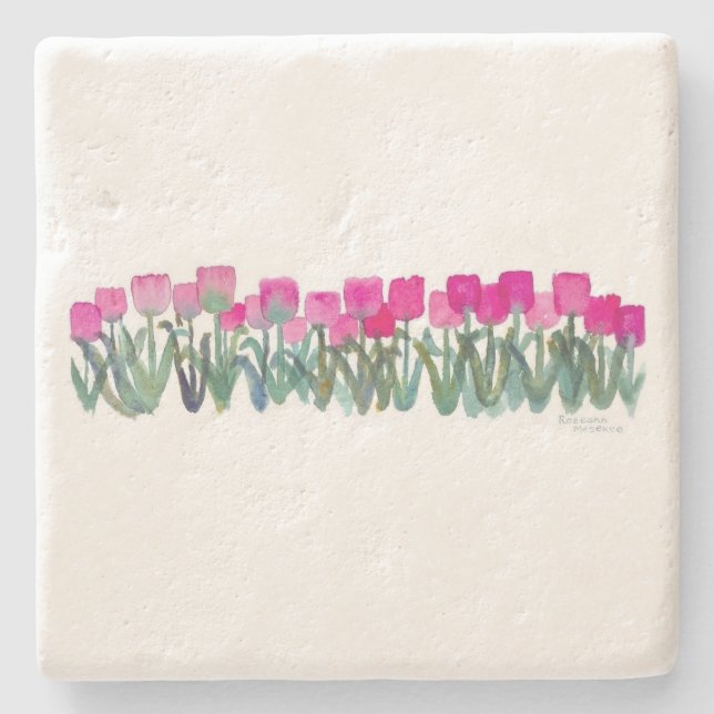 Vattenfärgsfärgad Rosa Tulips Limestone Underlägg (Framsidan)