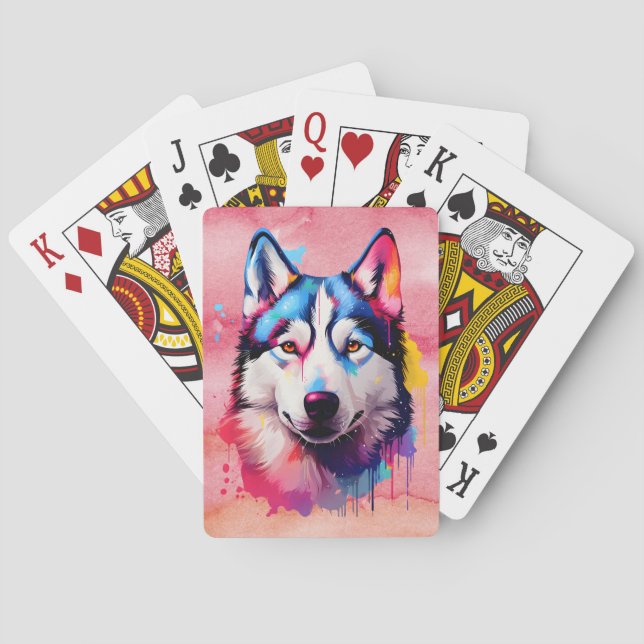 Vattenfärgsfärgad Siberian husky-färggrafik Casinokort (Baksidan)