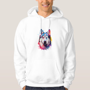 Vattenfärgsfärgad Siberian husky-färggrafik Hoodie
