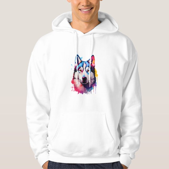 Vattenfärgsfärgad Siberian husky-färggrafik Hoodie (Framsida)