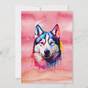 Vattenfärgsfärgad Siberian husky-färggrafik Julkort