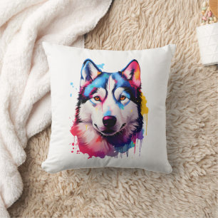 Vattenfärgsfärgad Siberian husky-färggrafik Kudde