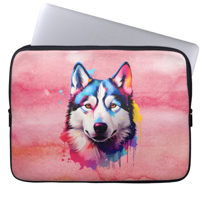 Vattenfärgsfärgad Siberian husky-färggrafik Laptop Fodral (Framsidan)
