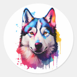 Vattenfärgsfärgad Siberian husky-färggrafik Runt Klistermärke