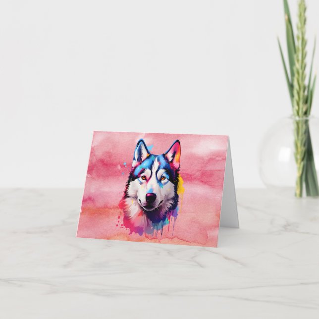 Vattenfärgsfärgad Siberian husky-färggrafik Tack Kort (Framsida)