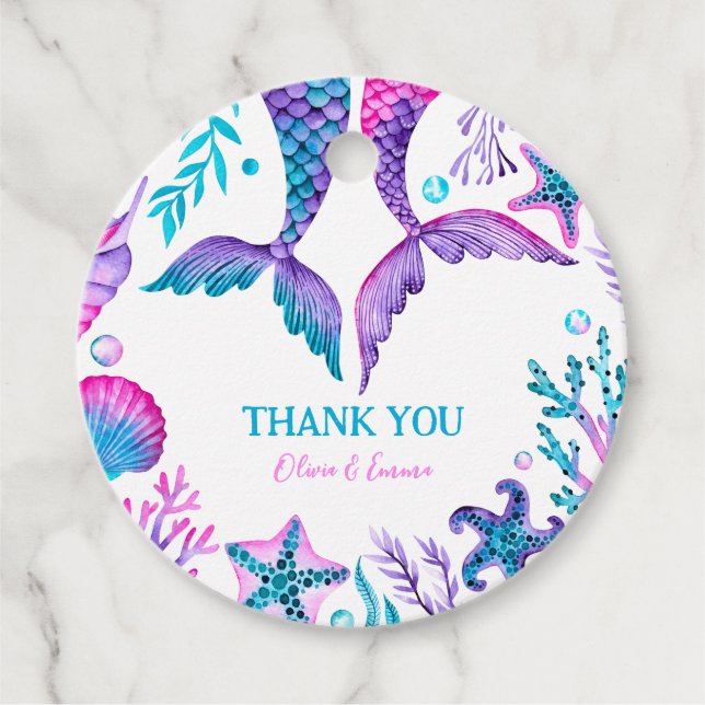 Vattenfärgsfärgad Sjöjungfru Blådagsdag Tack Gåvor Etiketter (Framsida)