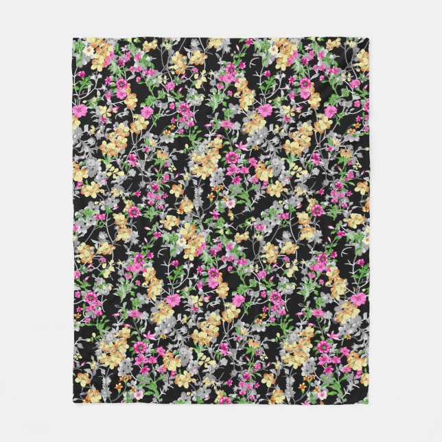 vattenfärgsfärgad, sömlös blommönster svart bakgru fleecefilt (Framsidan)