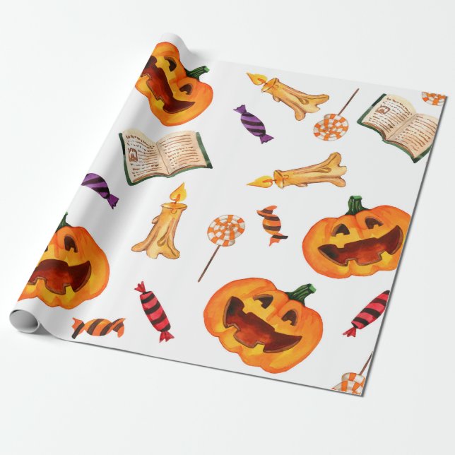Vattenfärgsfärgad sömlös mönster happy halloween h presentpapper (Utrullad)