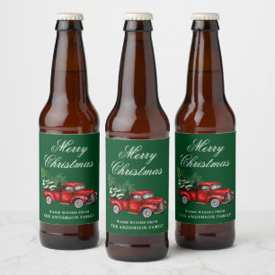 Vattenfärgsfärgad Vintage Red Lastbil God jul Grön Ölflaska Etikett