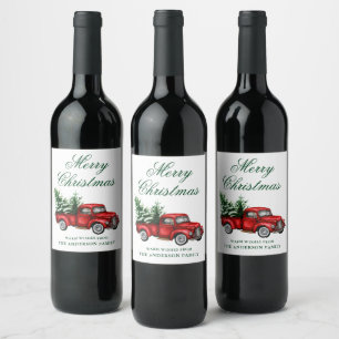 Vattenfärgsfärgad Vintage Red Lastbil Grönt God ju Vinflaska Etikett