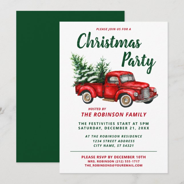 Vattenfärgsfärgad Vintage Red Lastbil jul Party Inbjudningar (Fram/baksida)