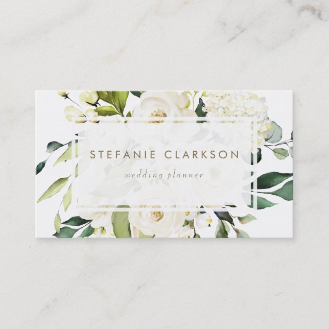 Vattenfärgsfärgad Vit ros och Hydrangeas Visitkort (Framsida)